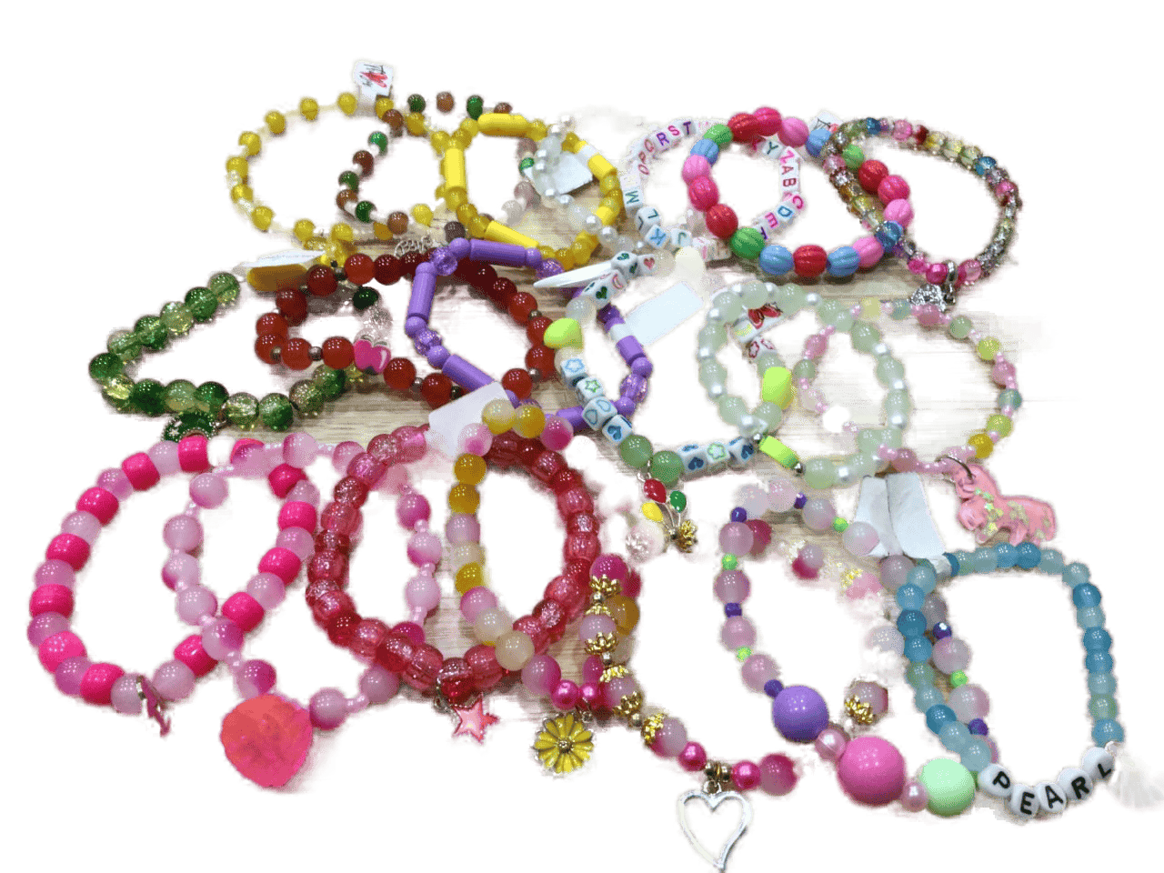 A big pile of assorted handmade bracelets